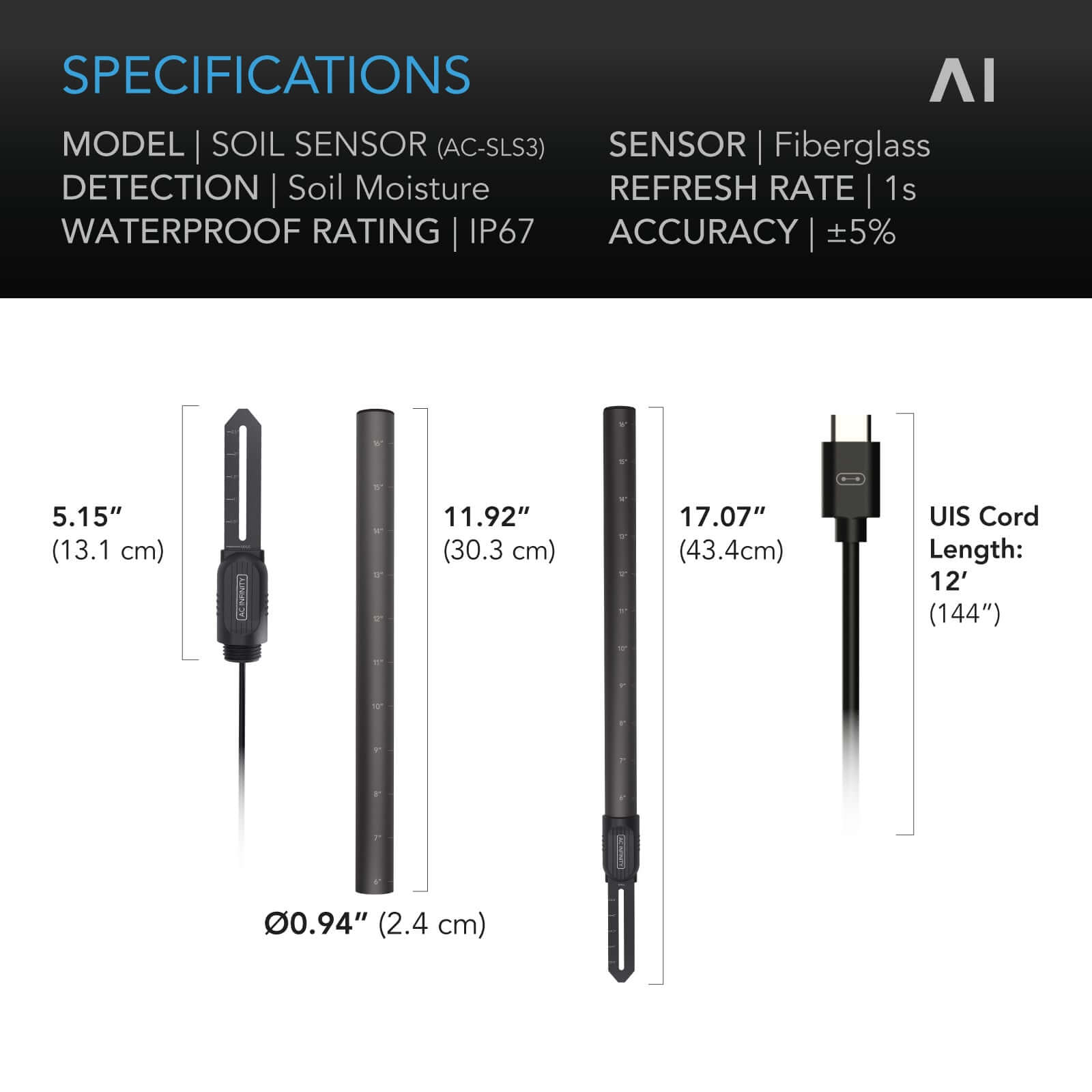 AC Infinity Soil Sensor Probe Exclusively for Controller AI+, Monitors Moisture and Saturation Levels, IP67-Water Resistant - Midwest Grow LLC
