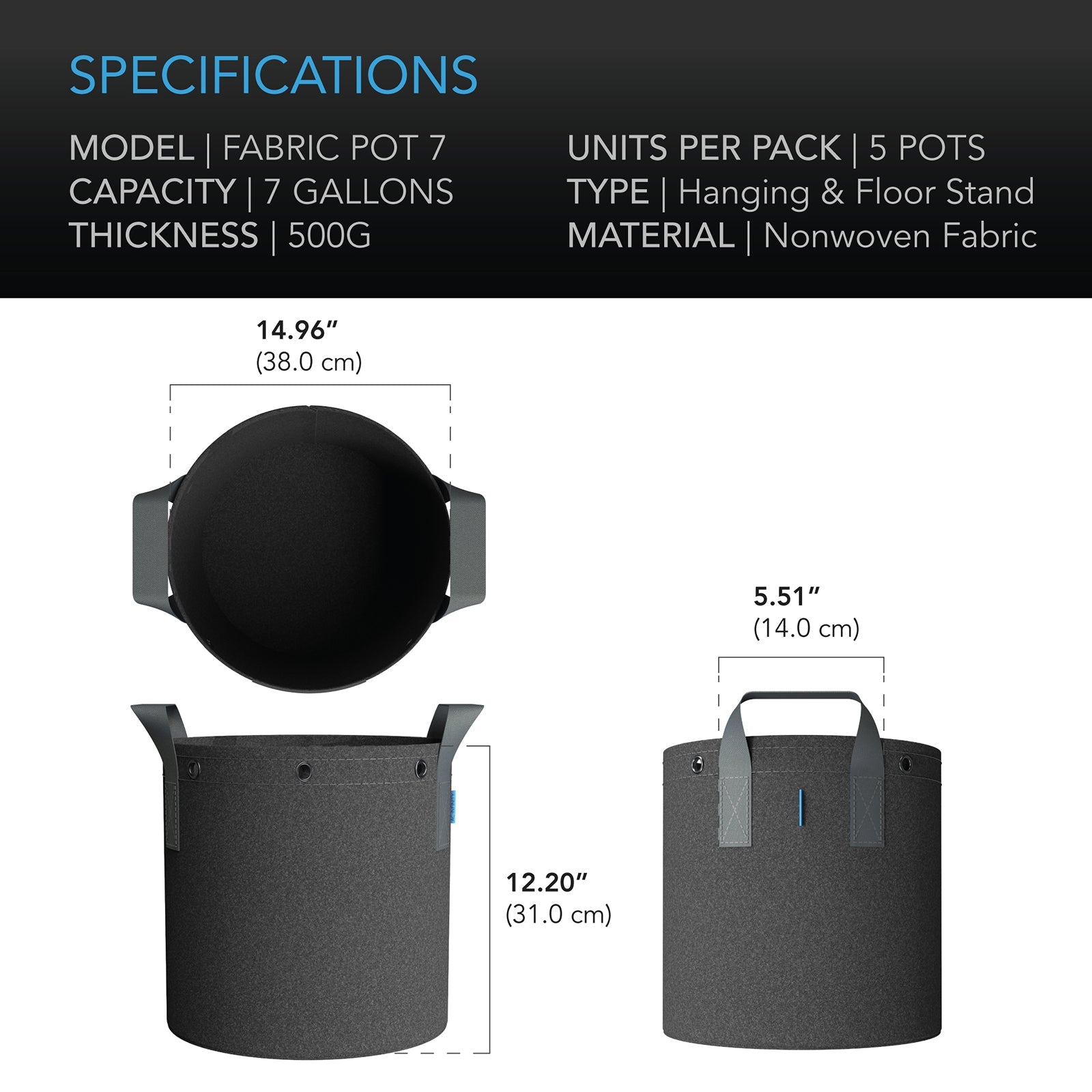 AC Infinity Heavy Duty Fabric Pots, 7 Gallon, 5-Pack - Midwest Grow LLC