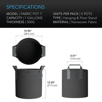 AC Infinity Heavy Duty Fabric Pots, 7 Gallon, 5-Pack - Midwest Grow LLC
