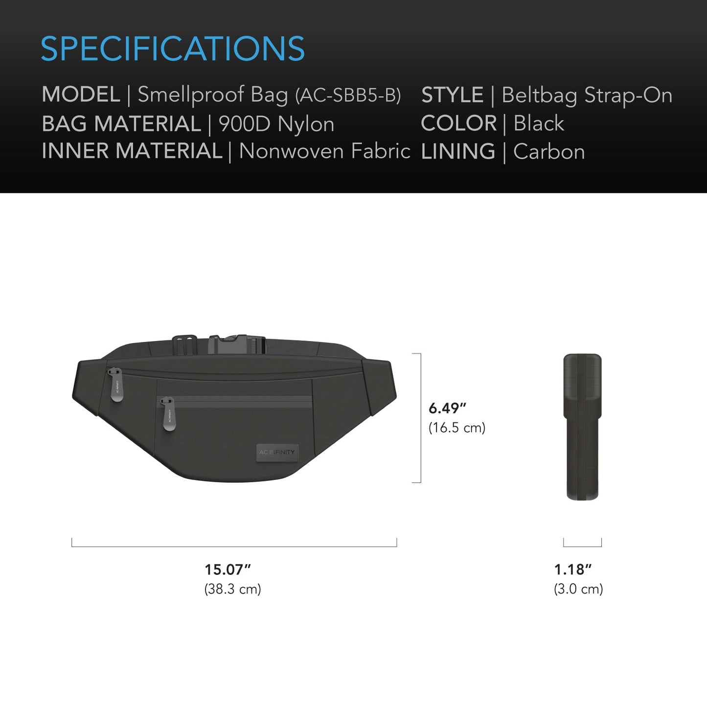 AC Infinity Smell Proof Belt Bag, Black, with 900D Nylon Fabric and Carbon Filter Lining - Midwest Grow LLC