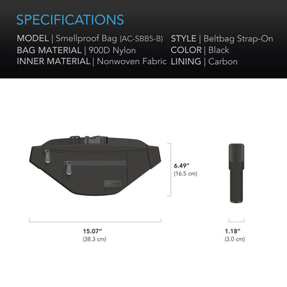 AC Infinity Smell Proof Belt Bag, Black, with 900D Nylon Fabric and Carbon Filter Lining - Midwest Grow LLC