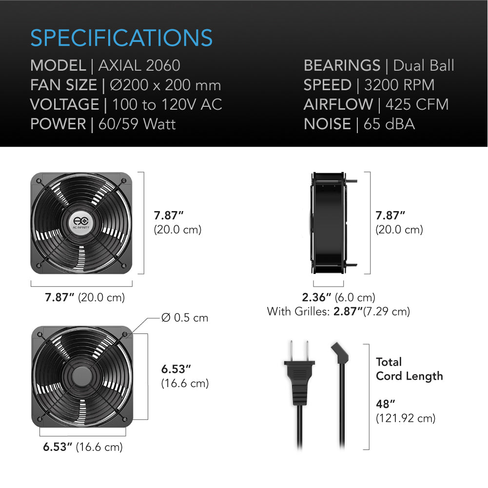 AC Infinity AXIAL 2060, Muffin 120V AC Cooling Fan, 200mm x 200mm x 60mm - Midwest Grow LLC