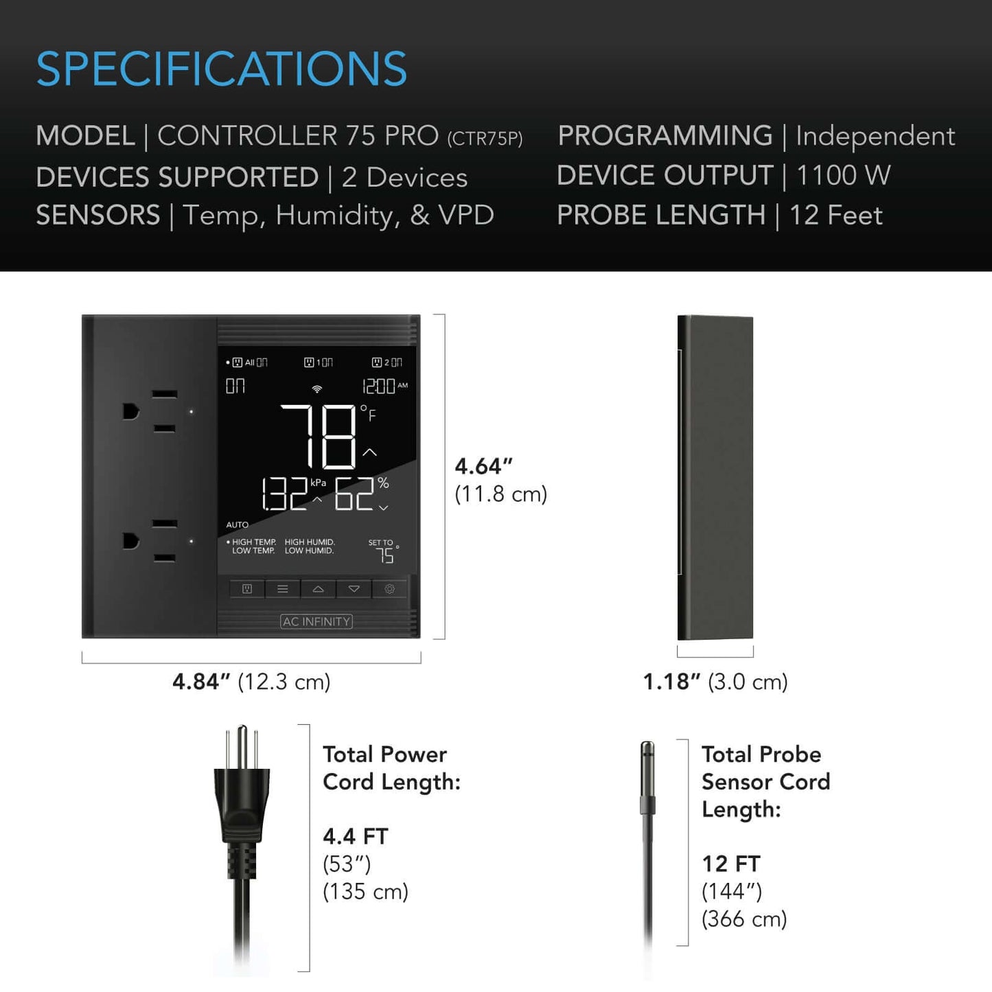AC Infinity CONTROLLER 75 PRO, Independent Programs for Two Devices, Dynamic VPD, Temperature, Humidity, Scheduling, Data App, Bluetooth + WiFi, Desktop - Midwest Grow LLC