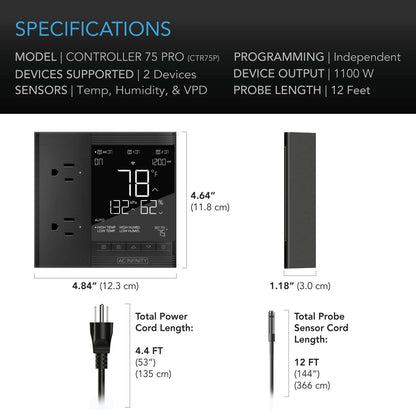 AC Infinity CONTROLLER 75 PRO, Independent Programs for Two Devices, Dynamic VPD, Temperature, Humidity, Scheduling, Data App, Bluetooth + WiFi, Desktop - Midwest Grow LLC