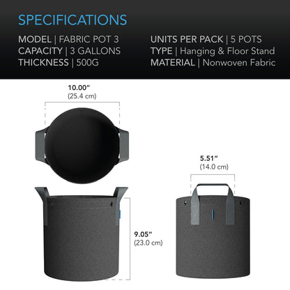 AC Infinity Heavy Duty Fabric Pots, 3 Gallon, 5-Pack - Midwest Grow LLC