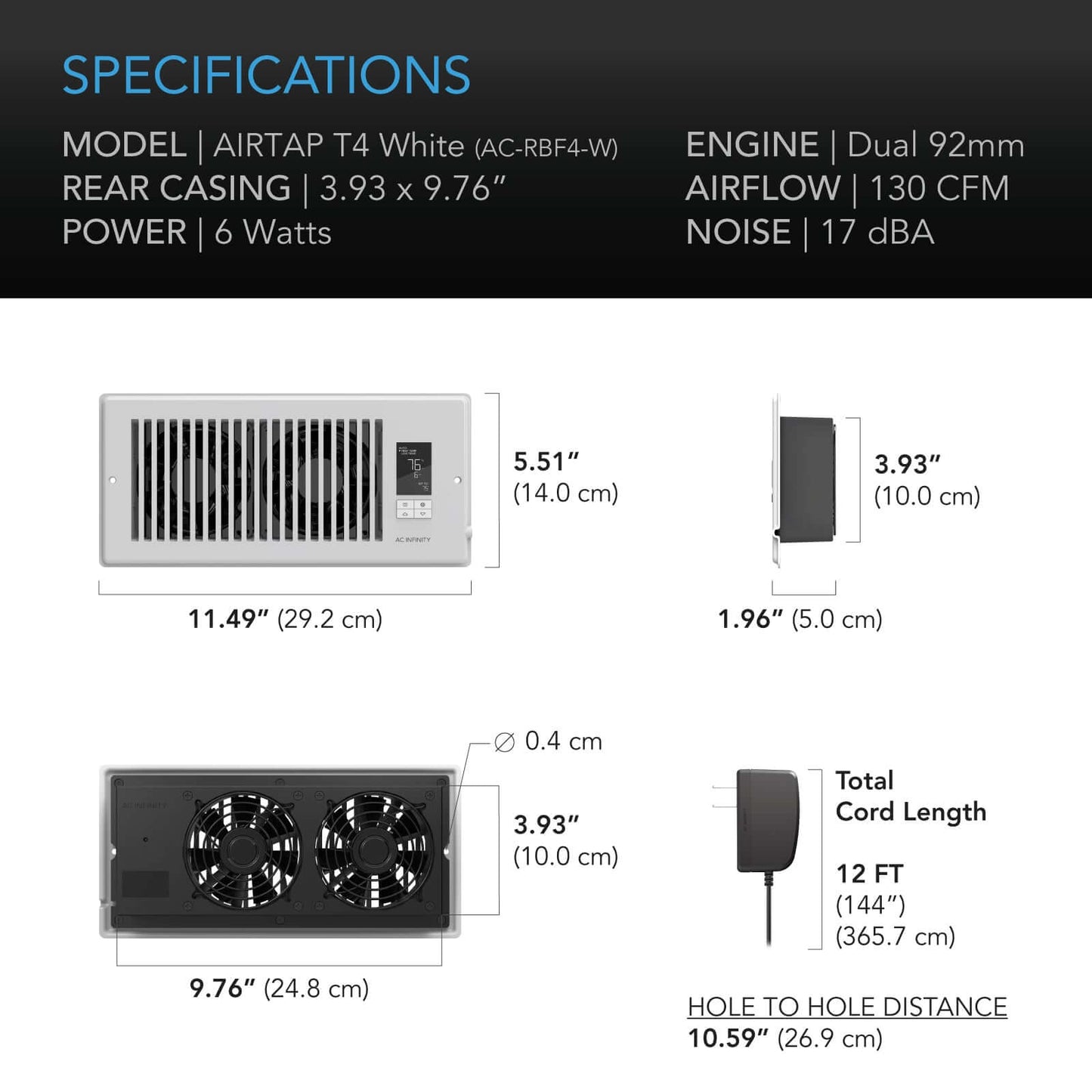 AC Infinity AIRTAP T4, Quiet Register Booster Fan System, White, for 4" x 10" Registers - Midwest Grow LLC