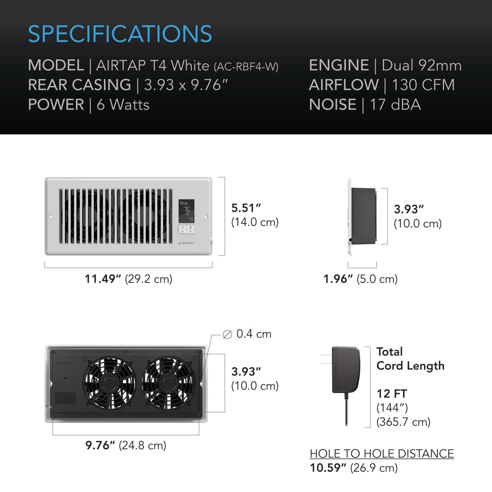 AC Infinity AIRTAP T4, Quiet Register Booster Fan System, White, for 4" x 10" Registers - Midwest Grow LLC