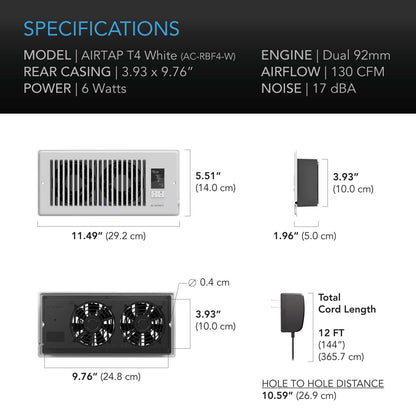 AC Infinity AIRTAP T4, Quiet Register Booster Fan System, White, for 4" x 10" Registers - Midwest Grow LLC