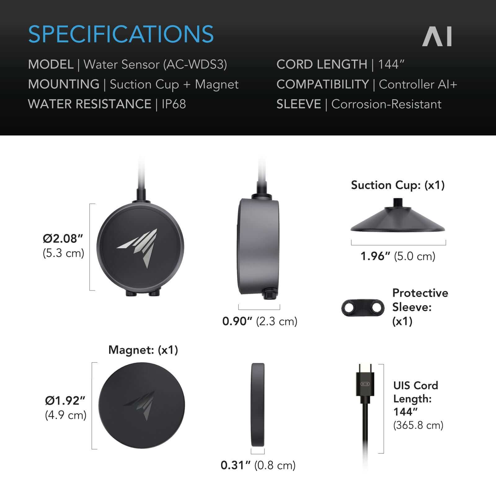 AC Infinity Water Sensor Exclusively for Controller AI+, Liquid Presence Detection, IP68-Water Resistant - Midwest Grow LLC
