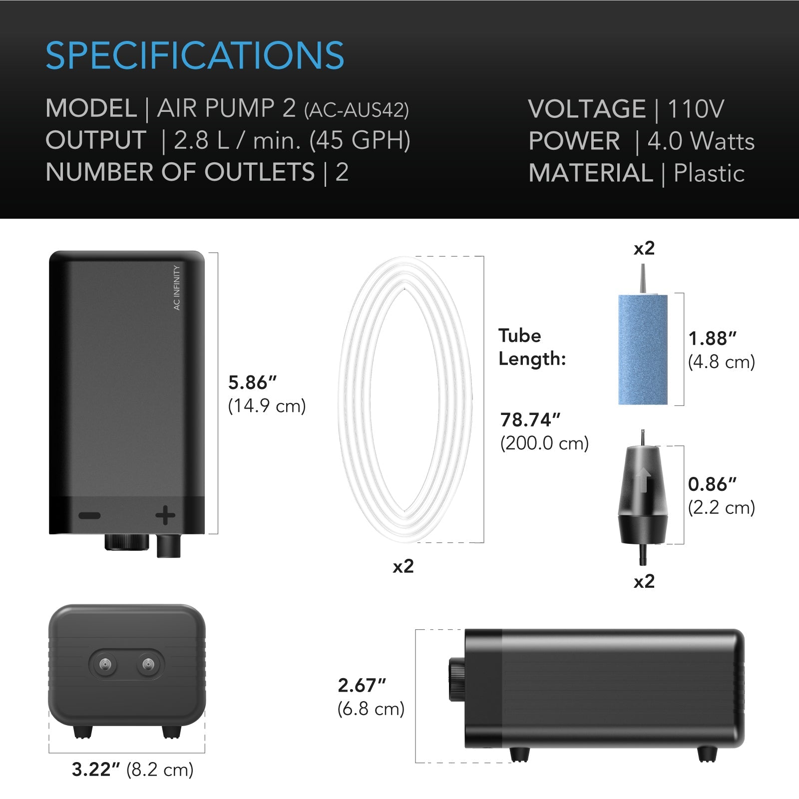AC Infinity Hydroponics Air Pump, Two-Outlet Pumping Kit, 45 GPH (2.8 L/M) - Midwest Grow LLC