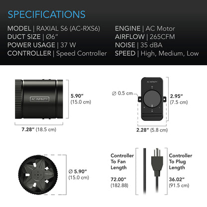 AC Infinity RAXIAL S6, Inline Booster Duct Fan with Speed Controller, 6-Inch - Midwest Grow LLC