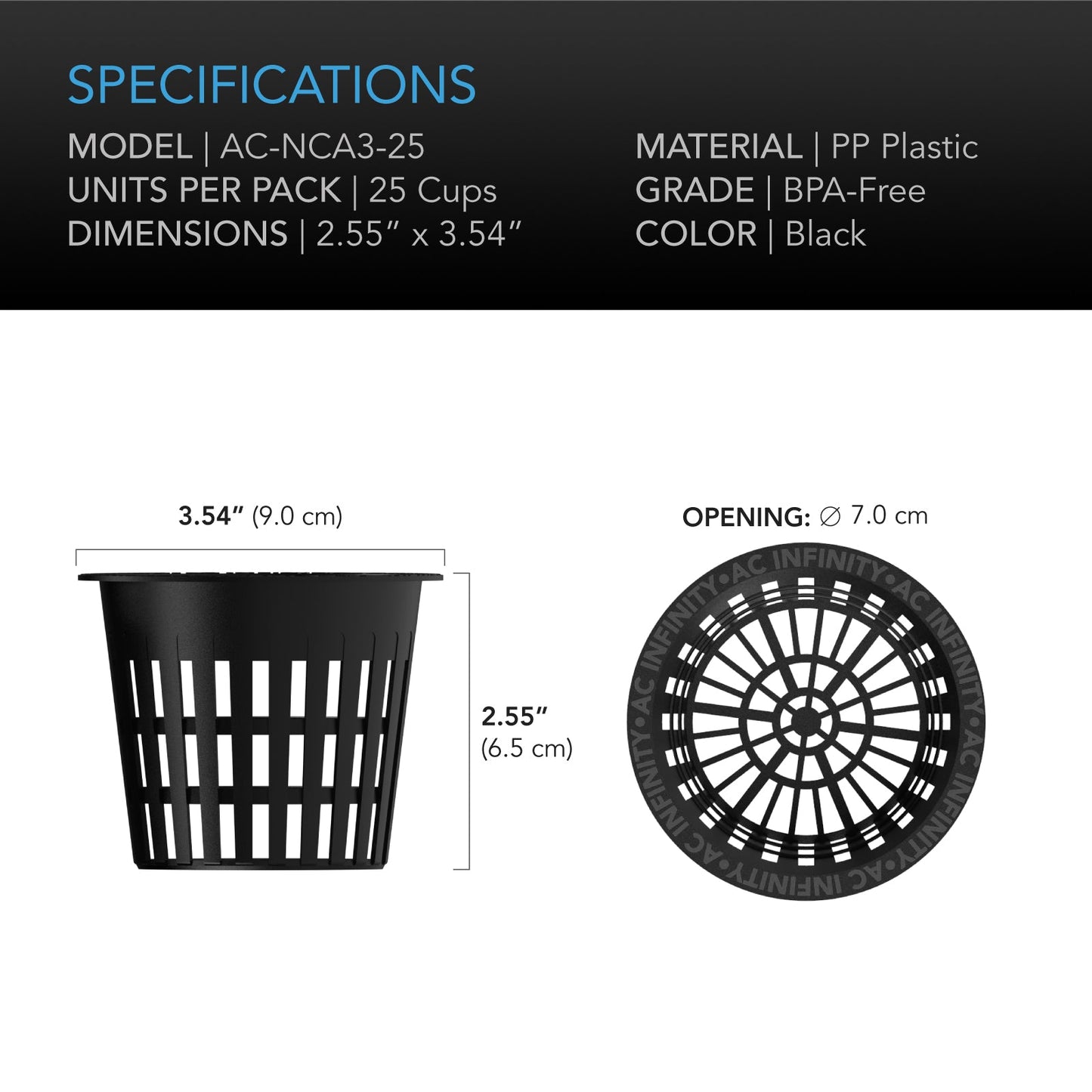 AC Infinity Mesh Net Cups, Slotted Pots with Wide Lips, 3-Inch, 25-Pack - Midwest Grow LLC