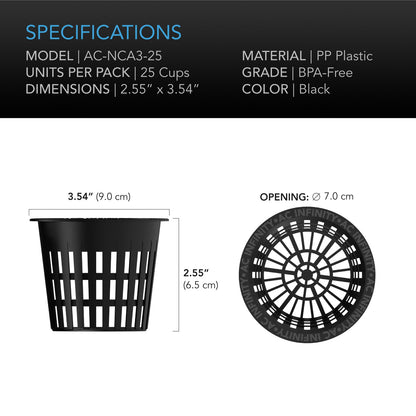 AC Infinity Mesh Net Cups, Slotted Pots with Wide Lips, 3-Inch, 25-Pack - Midwest Grow LLC