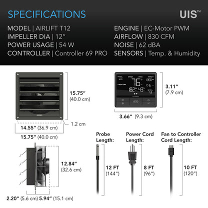 AC Infinity AIRLIFT T12, Shutter Exhaust Ventilation Fan 12", Temperature Humidity Controller - Midwest Grow LLC