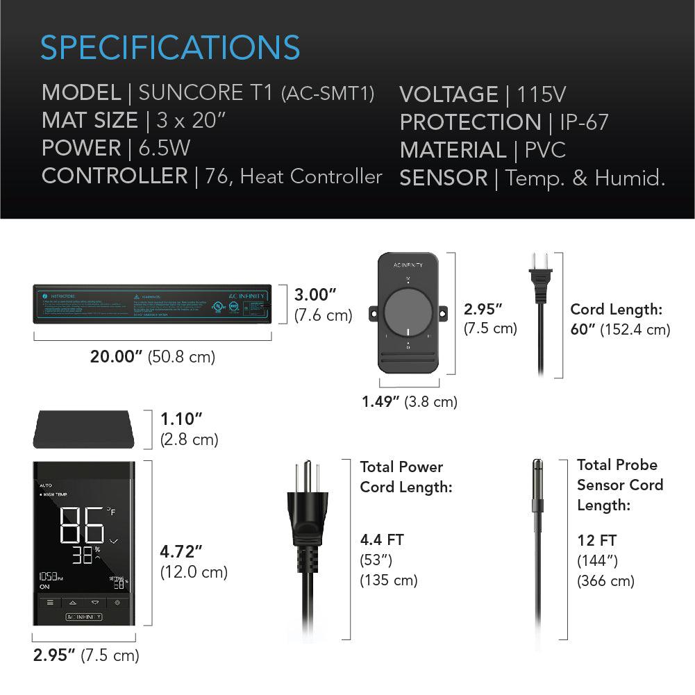 AC Infinity SUNCORE T1, Seedling Heat Mat, Digital Thermostat with Heat Controller, 3" x 20" - Midwest Grow LLC