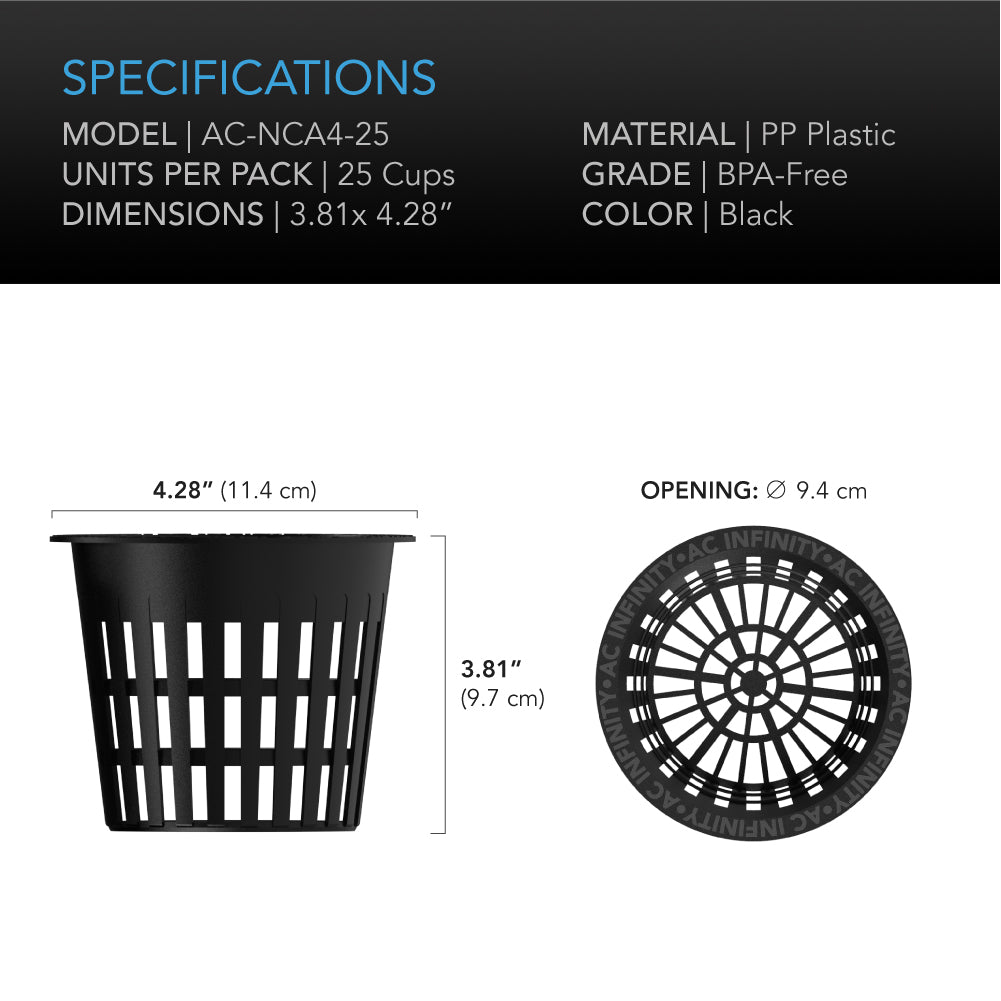 AC Infinity Mesh Net Cups, Slotted Pots with Wide Lips, 4-Inch, 25-Pack - Midwest Grow LLC