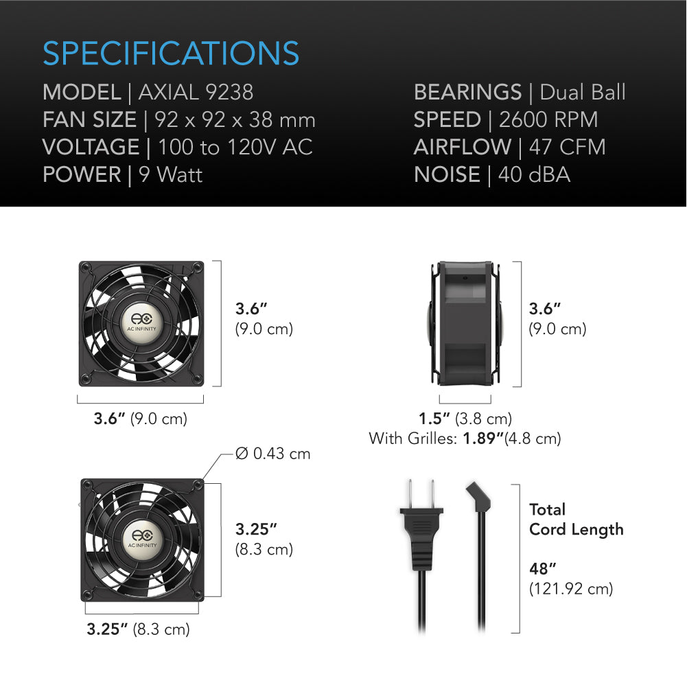 AC Infinity AXIAL 9238, Muffin 120V AC Cooling Fan, 92mm x 92mm x 38mm - Midwest Grow LLC
