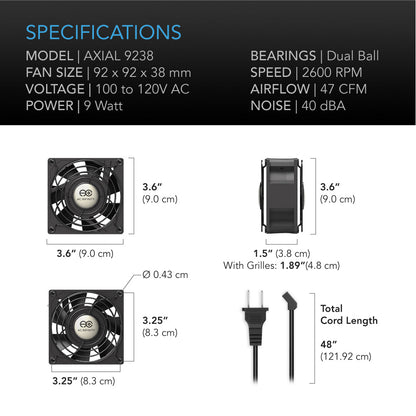 AC Infinity AXIAL 9238, Muffin 120V AC Cooling Fan, 92mm x 92mm x 38mm - Midwest Grow LLC