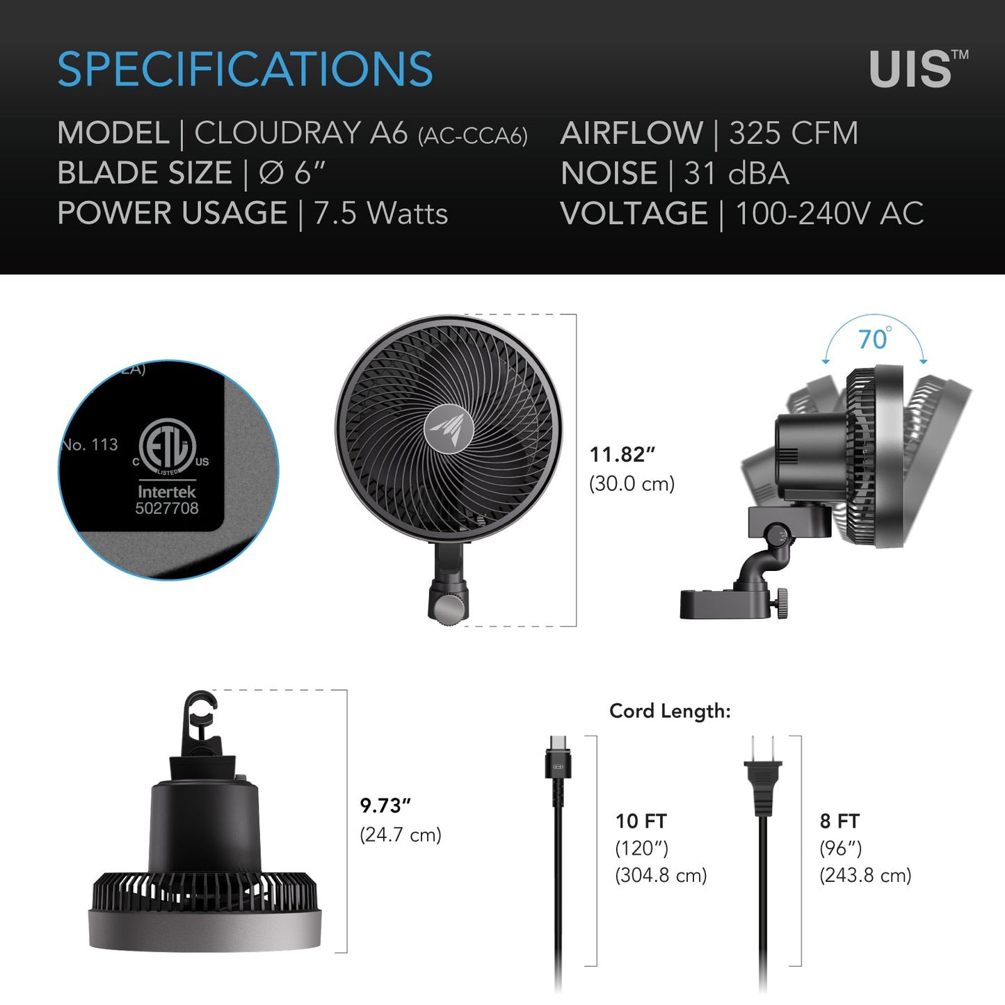 AC Infinity CLOUDRAY A6, Grow Tent Clip Fan 6" with 10 Speeds, EC-Motor, Manual Swivel