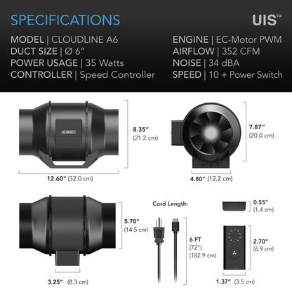 AC Infinity CLOUDLINE LITE A6, Quiet Inline Fan with Speed Controller, 6-Inch