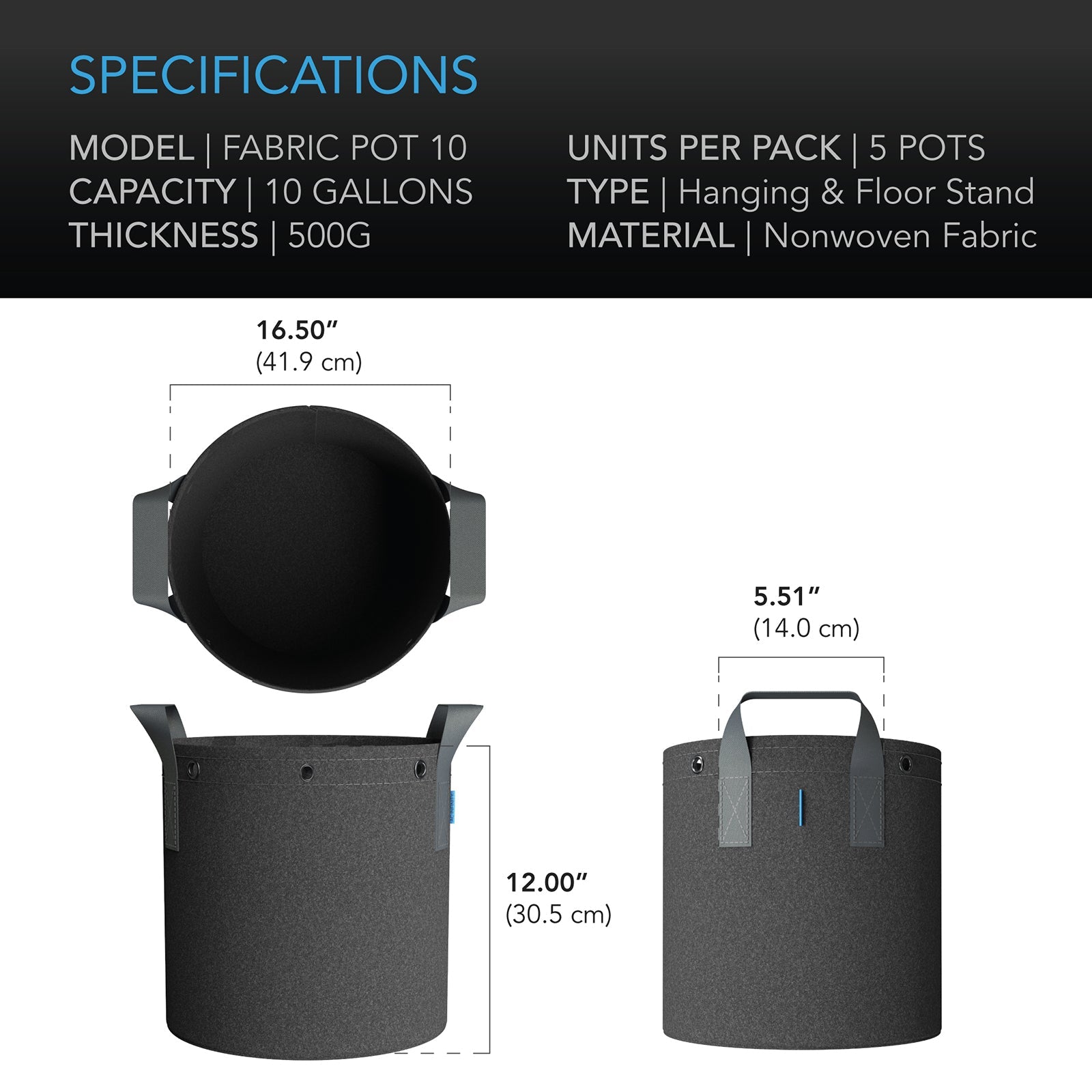 AC Infinity Heavy Duty Fabric Pots, 10 Gallon, 5-Pack - Midwest Grow LLC
