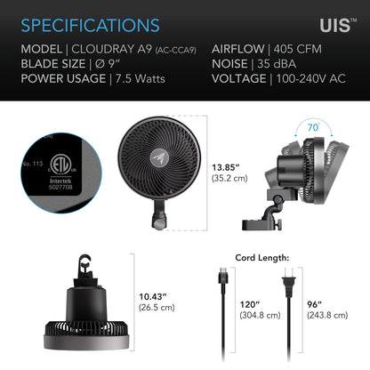 AC Infinity CLOUDRAY A9, Grow Tent Clip Fan 9" with 10 Speeds, EC-Motor, Manual Swivel
