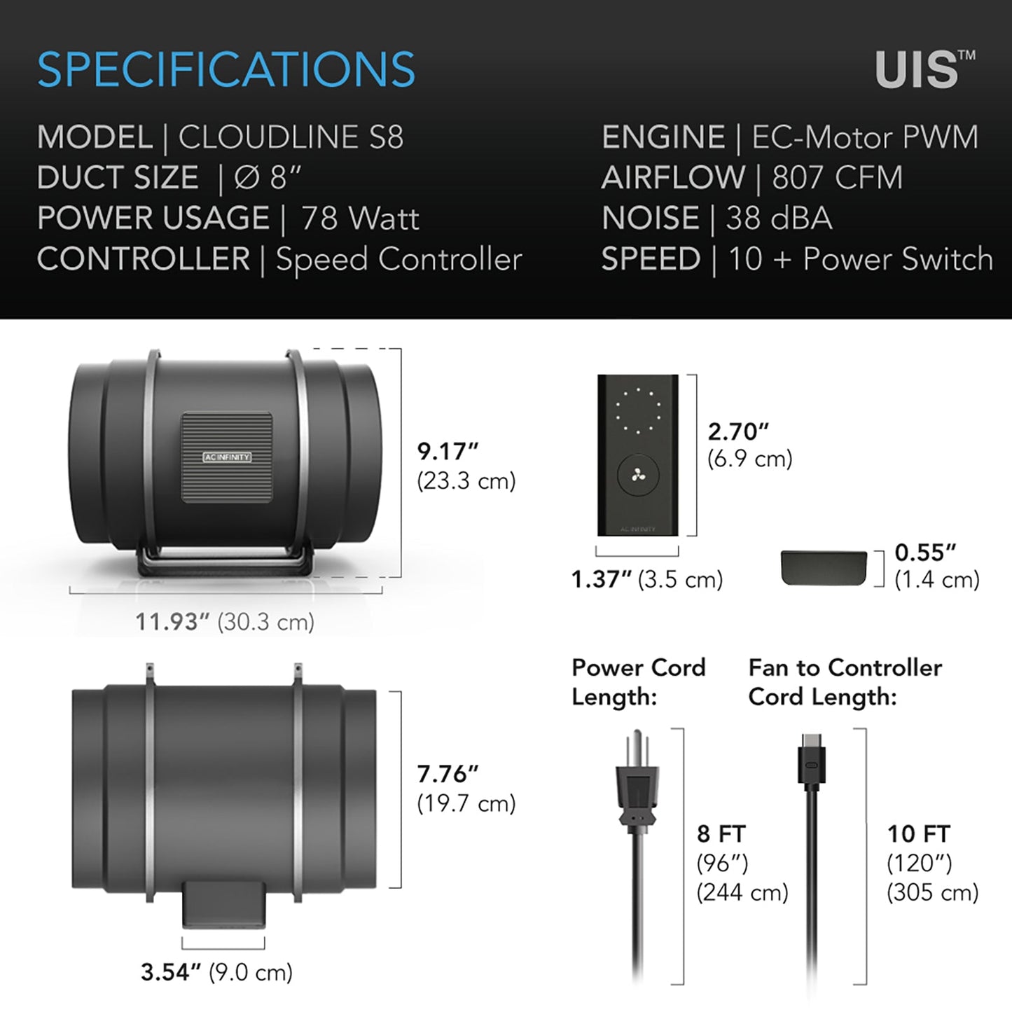AC Infinity CLOUDLINE S8, Quiet Inline Duct Fan System with Speed Controller, 8-Inch - Midwest Grow LLC