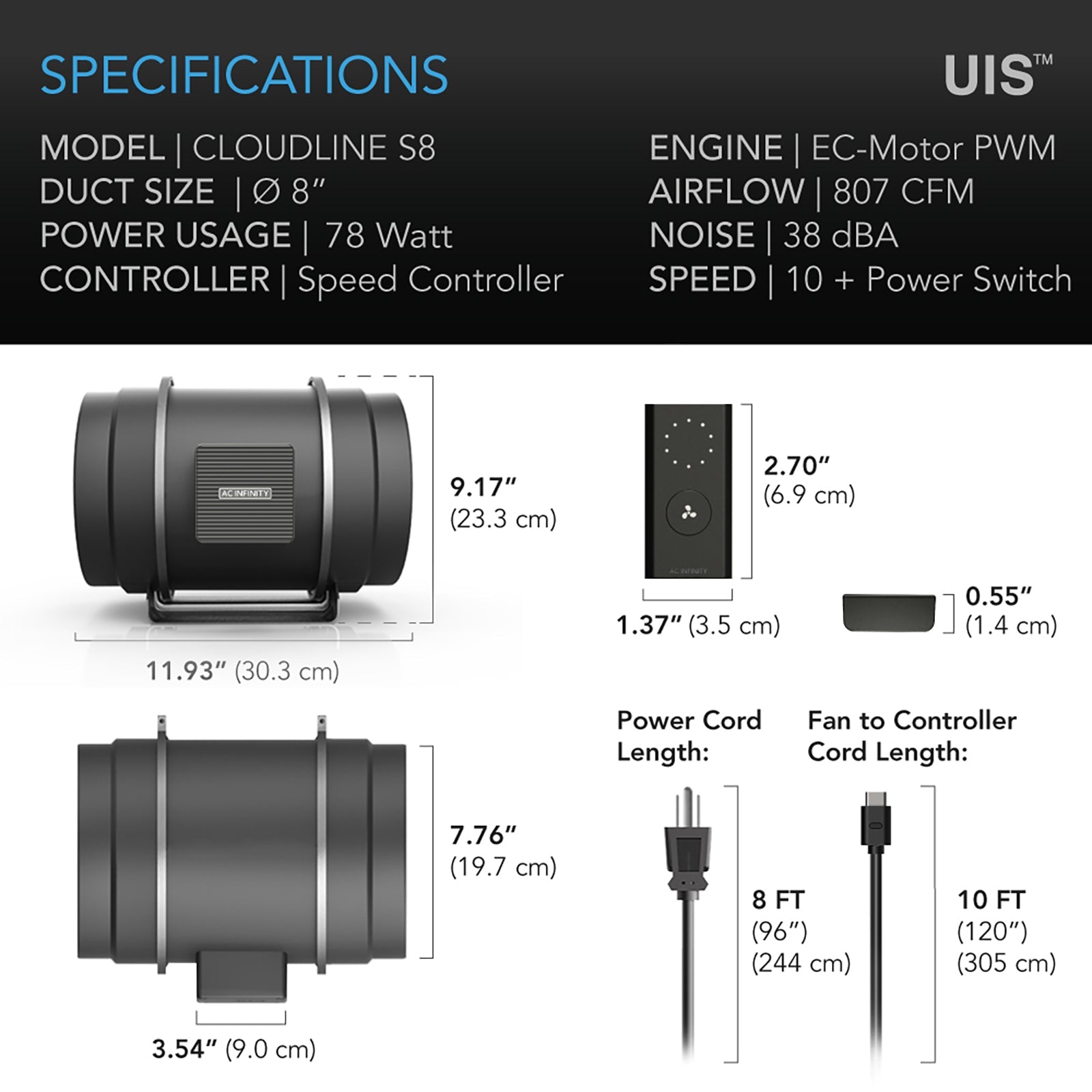 AC Infinity CLOUDLINE S8, Quiet Inline Duct Fan System with Speed Controller, 8-Inch - Midwest Grow LLC