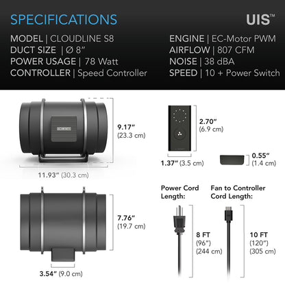 AC Infinity CLOUDLINE S8, Quiet Inline Duct Fan System with Speed Controller, 8-Inch - Midwest Grow LLC