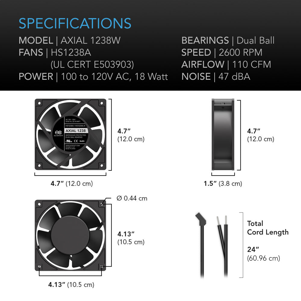 AC Infinity AXIAL 1238W, 120V AC Muffin Fan with Wire-Leads Adapter, 120mm x 38mm High Speed - Midwest Grow LLC
