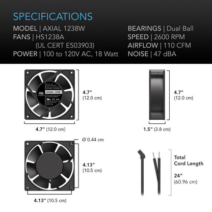 AC Infinity AXIAL 1238W, 120V AC Muffin Fan with Wire-Leads Adapter, 120mm x 38mm High Speed - Midwest Grow LLC