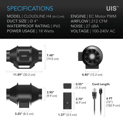AC Infinity CLOUDLINE H4, Inline Fan with Speed Controller for Fungiculture, IP-65 Rated, 4-Inch - Midwest Grow LLC