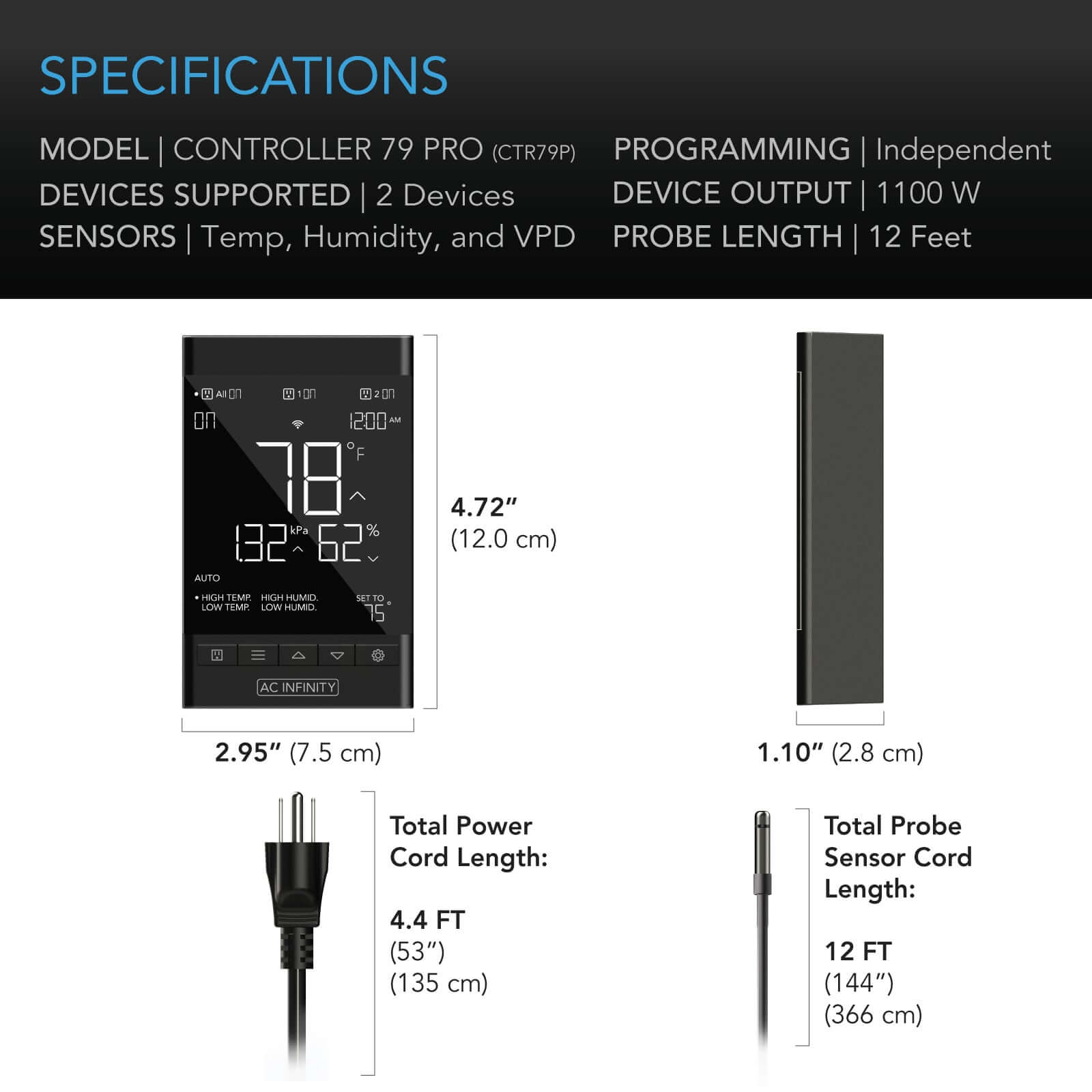 AC Infinity CONTROLLER 79 PRO, Independent Programs for Two Devices, Dynamic VPD, Temperature, Humidity, Scheduling, Data App, Bluetooth + WiFi - Midwest Grow LLC