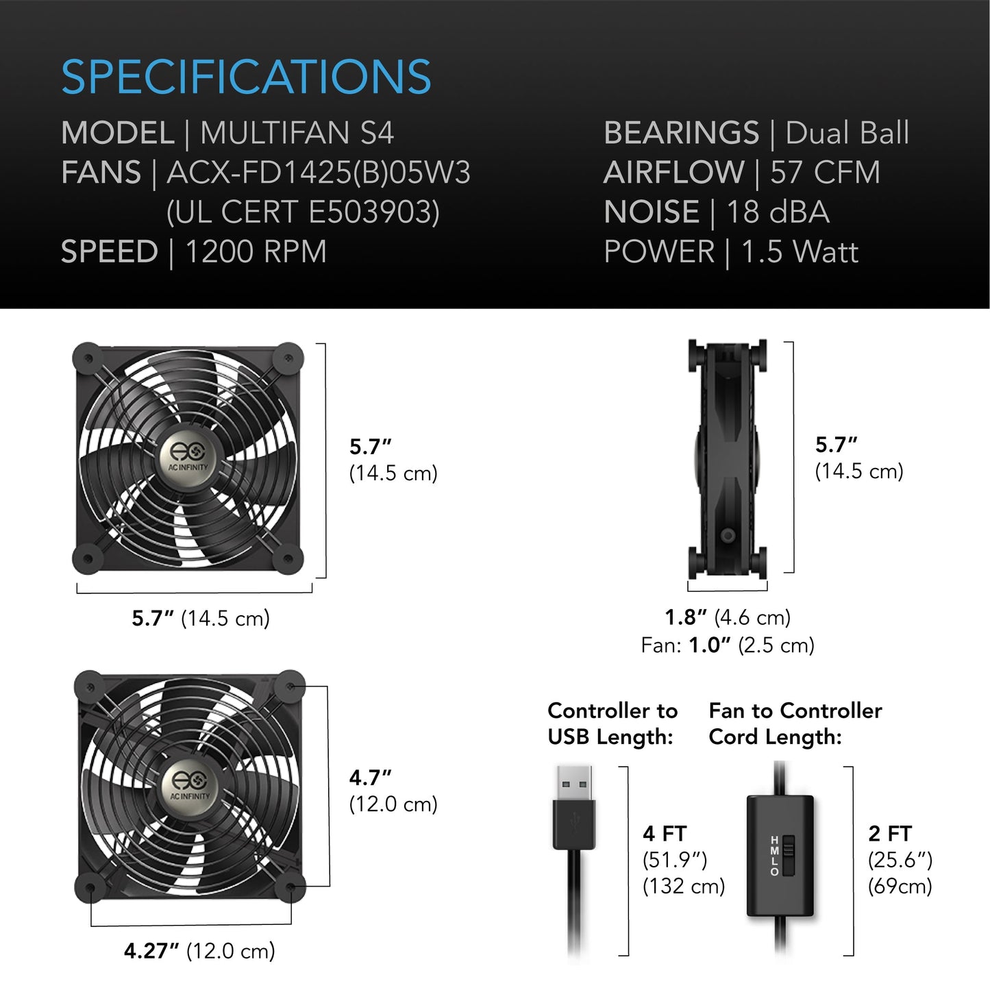 AC Infinity MULTIFAN S4, Quiet USB Cooling Fan, 140mm - Midwest Grow LLC