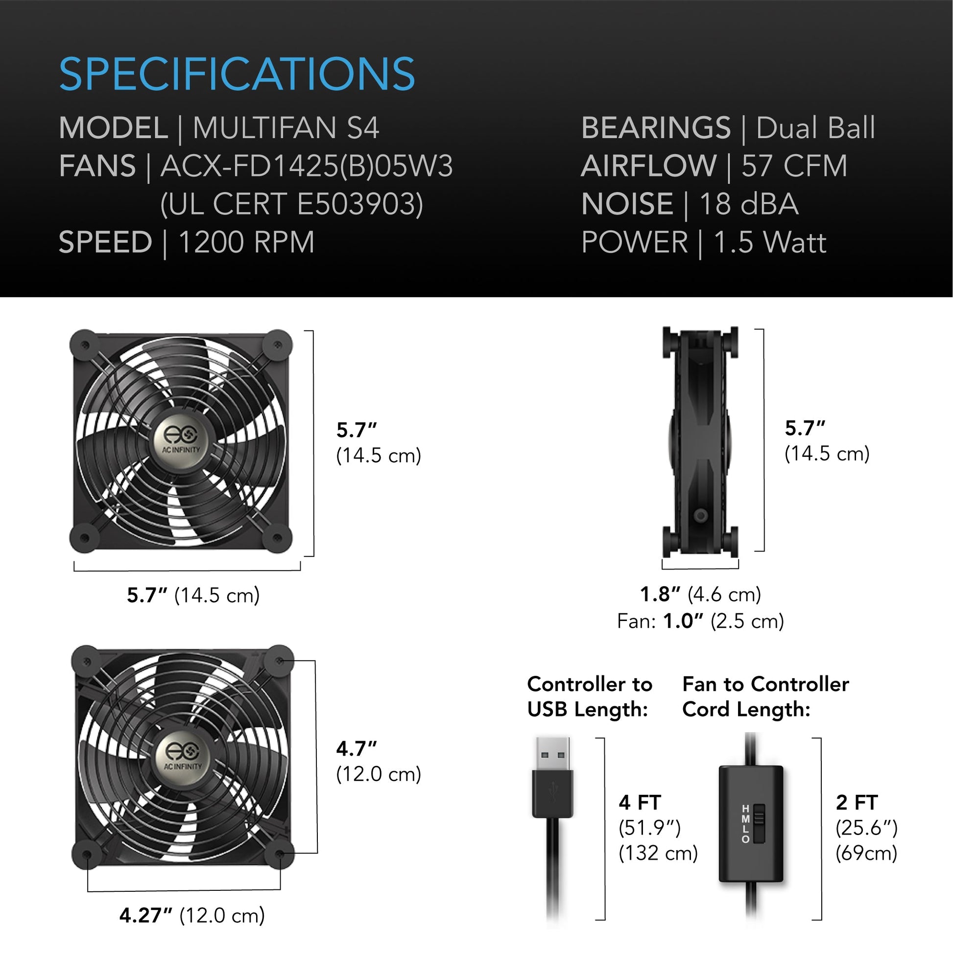AC Infinity MULTIFAN S4, Quiet USB Cooling Fan, 140mm - Midwest Grow LLC
