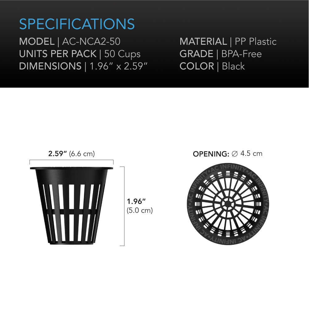 AC Infinity Mesh Net Cups, Slotted Pots with Wide Lips, 2-Inch, 50-Pack - Midwest Grow LLC