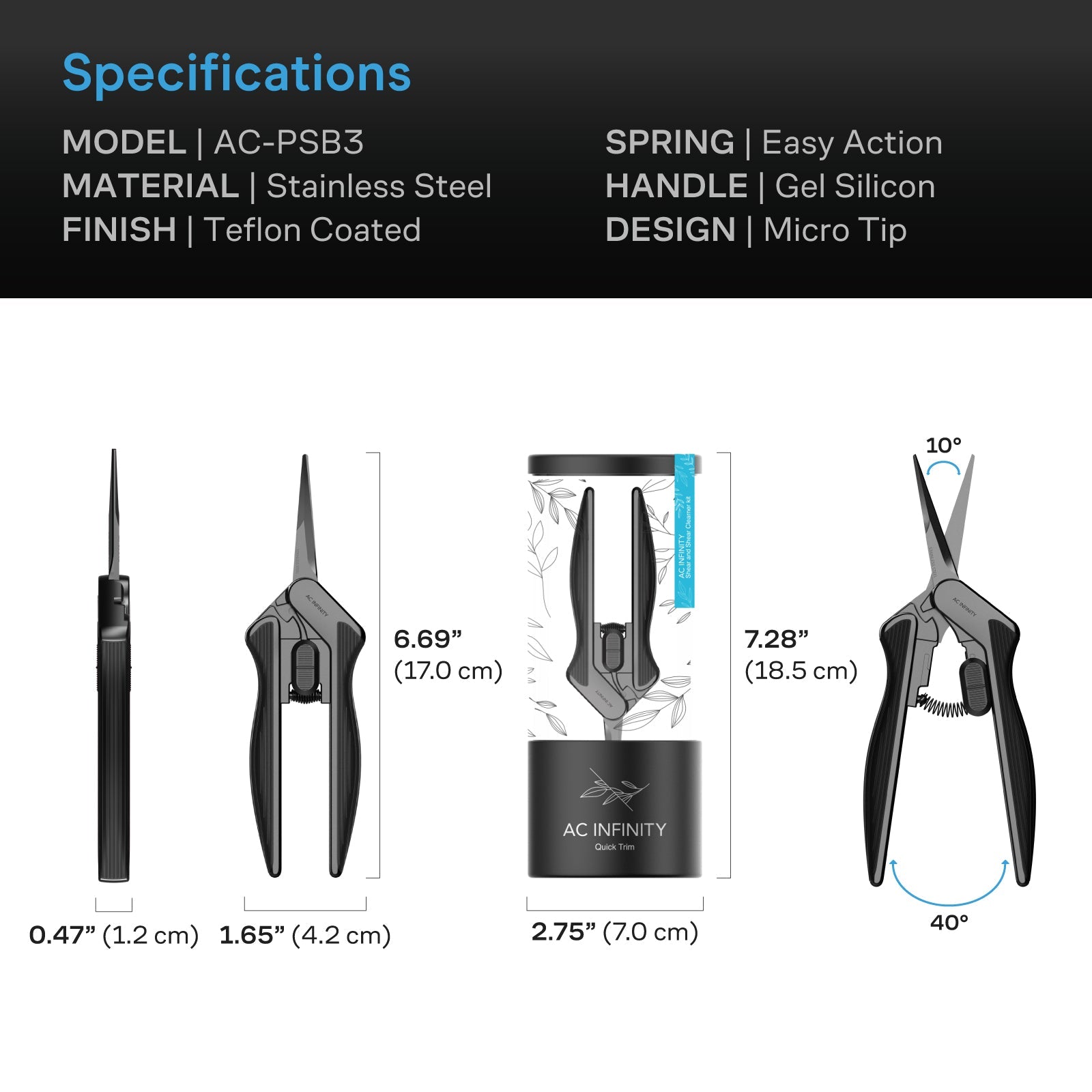 AC Infinity Stainless Steel Pruning Shear with Cleaning Kit, Ergonomic Lightweight, 6.6" Straight Blades - Midwest Grow LLC
