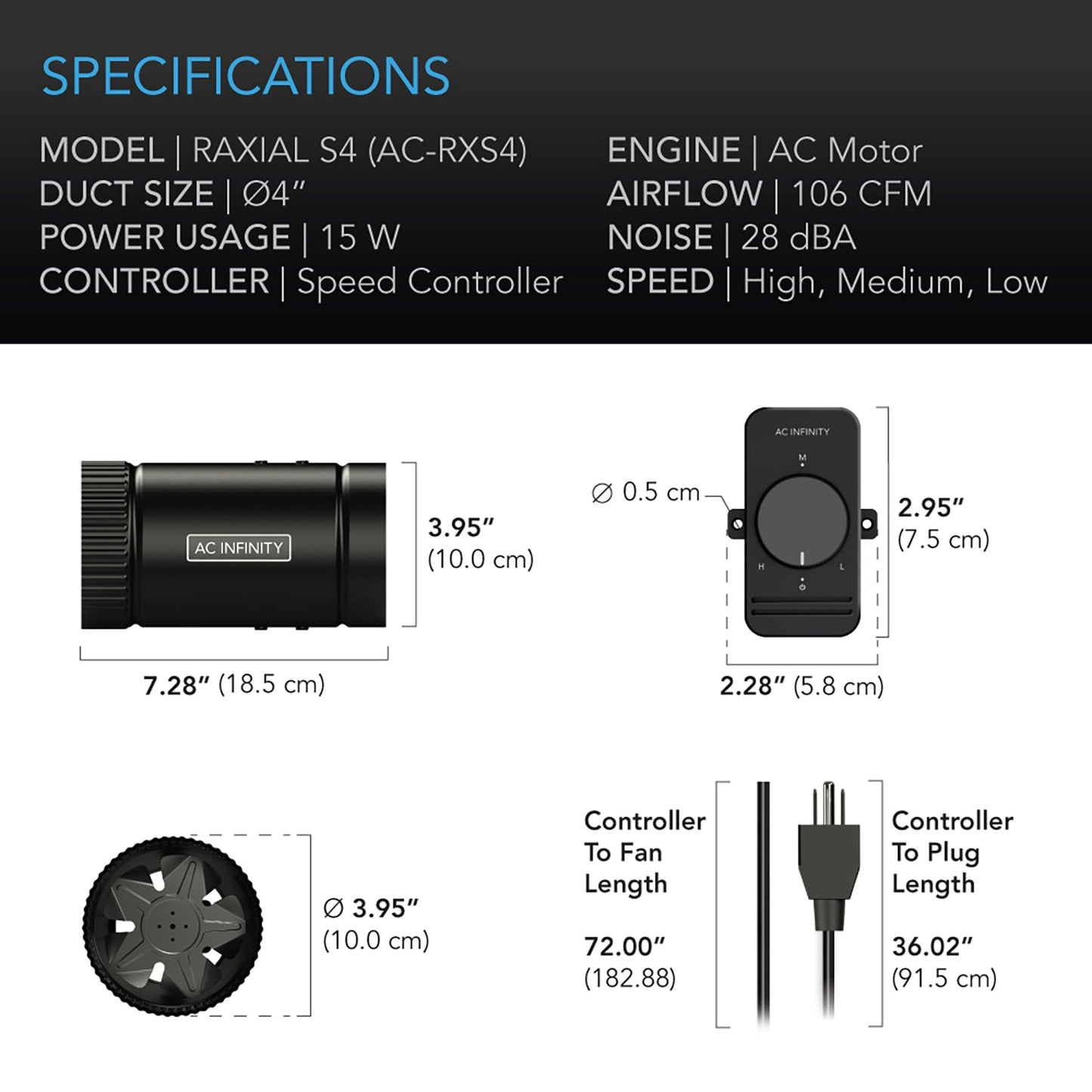 AC Infinity RAXIAL S4, Inline Booster Duct Fan with Speed Controller, 4-Inch - Midwest Grow LLC