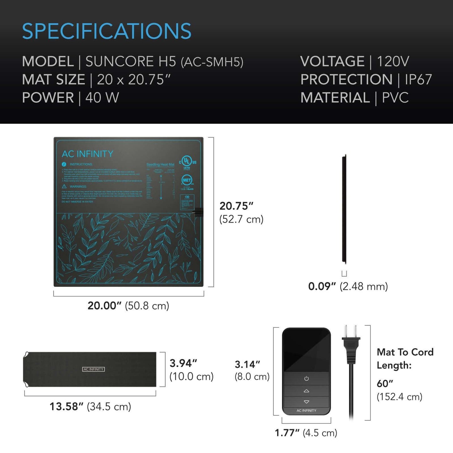 AC Infinity SUNCORE H5, Seedling Heat Mat with Heat Controller, IP-67 Waterproof, 20" x 20.75" - Midwest Grow LLC