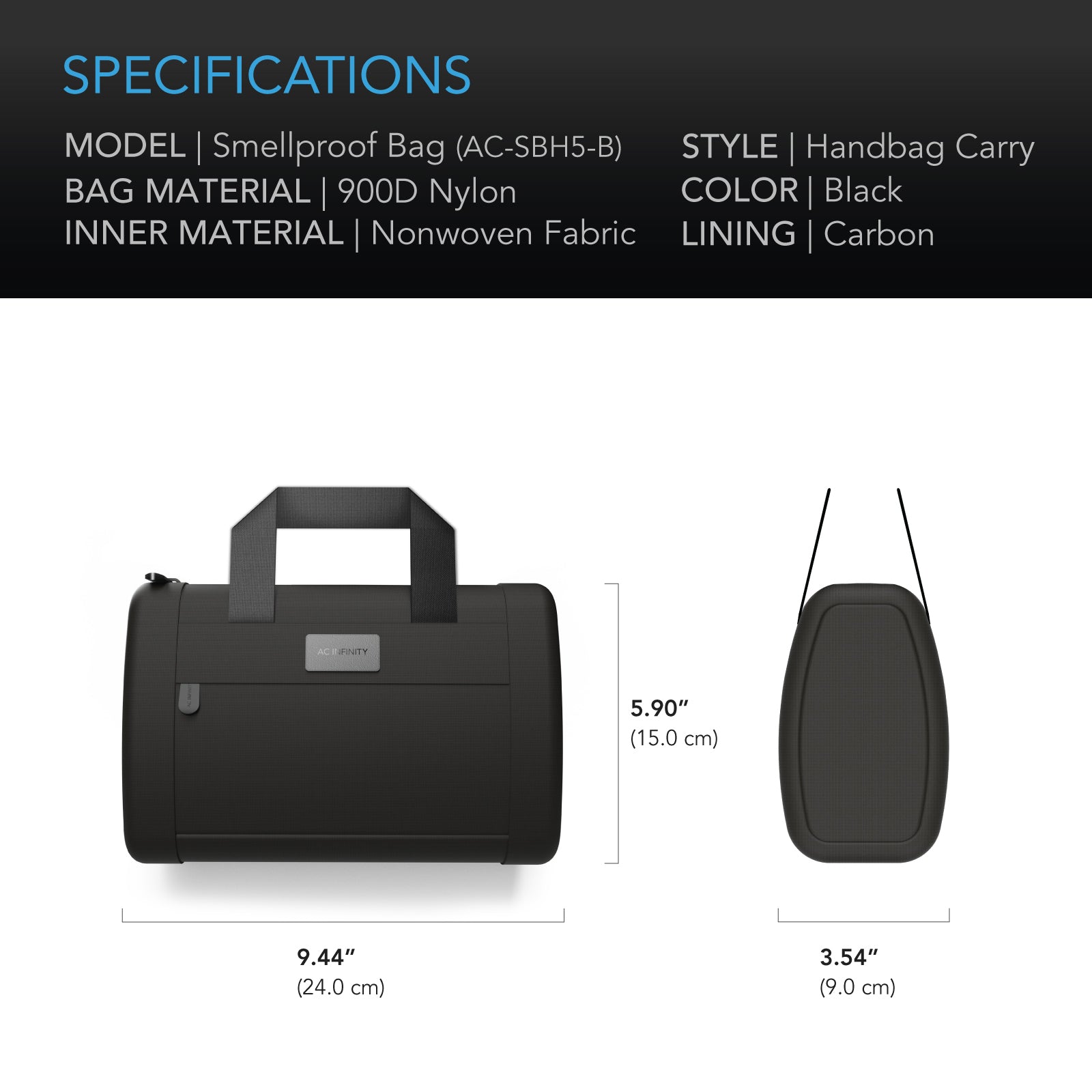 AC Infinity Smell Proof Handbag, Black, with 900D Nylon Fabric and Carbon Filter Lining - Midwest Grow LLC