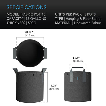 AC Infinity Heavy Duty Fabric Pots, 15 Gallon, 5-Pack - Midwest Grow LLC