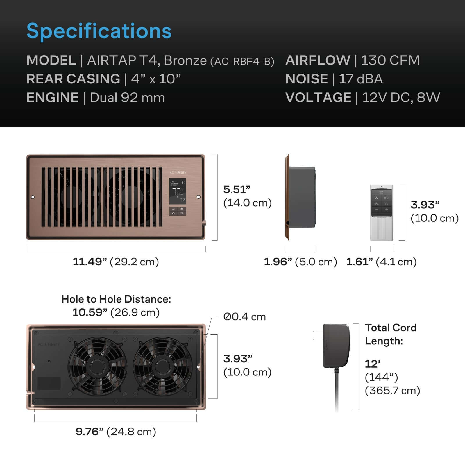 AC Infinity AIRTAP T4, Quiet Register Booster Fan System, Brown Bronze, for 4" x 10" Registers - Midwest Grow LLC