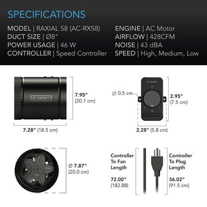 AC Infinity RAXIAL S8, Inline Booster Duct Fan with Speed Controller, 8-Inch - Midwest Grow LLC