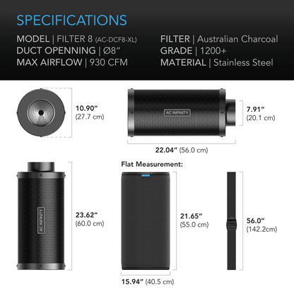 AC Infinity Duct Carbon Filter XL, Australian Charcoal, Extra Large, 8-Inch - Midwest Grow LLC