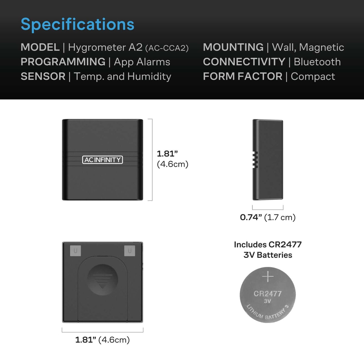 AC Infinity CLOUDCOM A2, Mini Smart Thermo-Hygrometer with Data App, Integrated Sensor Probe - Midwest Grow LLC