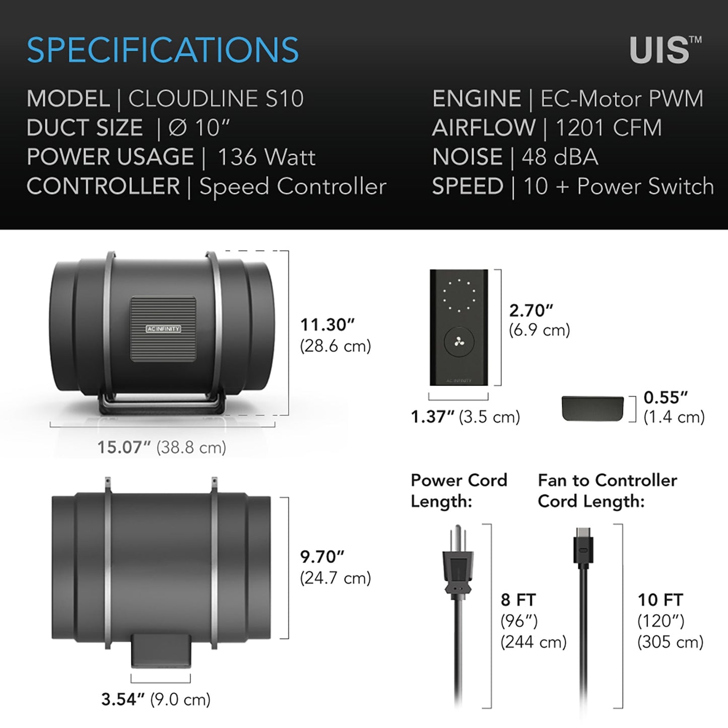 AC Infinity CLOUDLINE S10, Quiet Inline Duct Fan System with Speed Controller, 10-Inch - Midwest Grow LLC