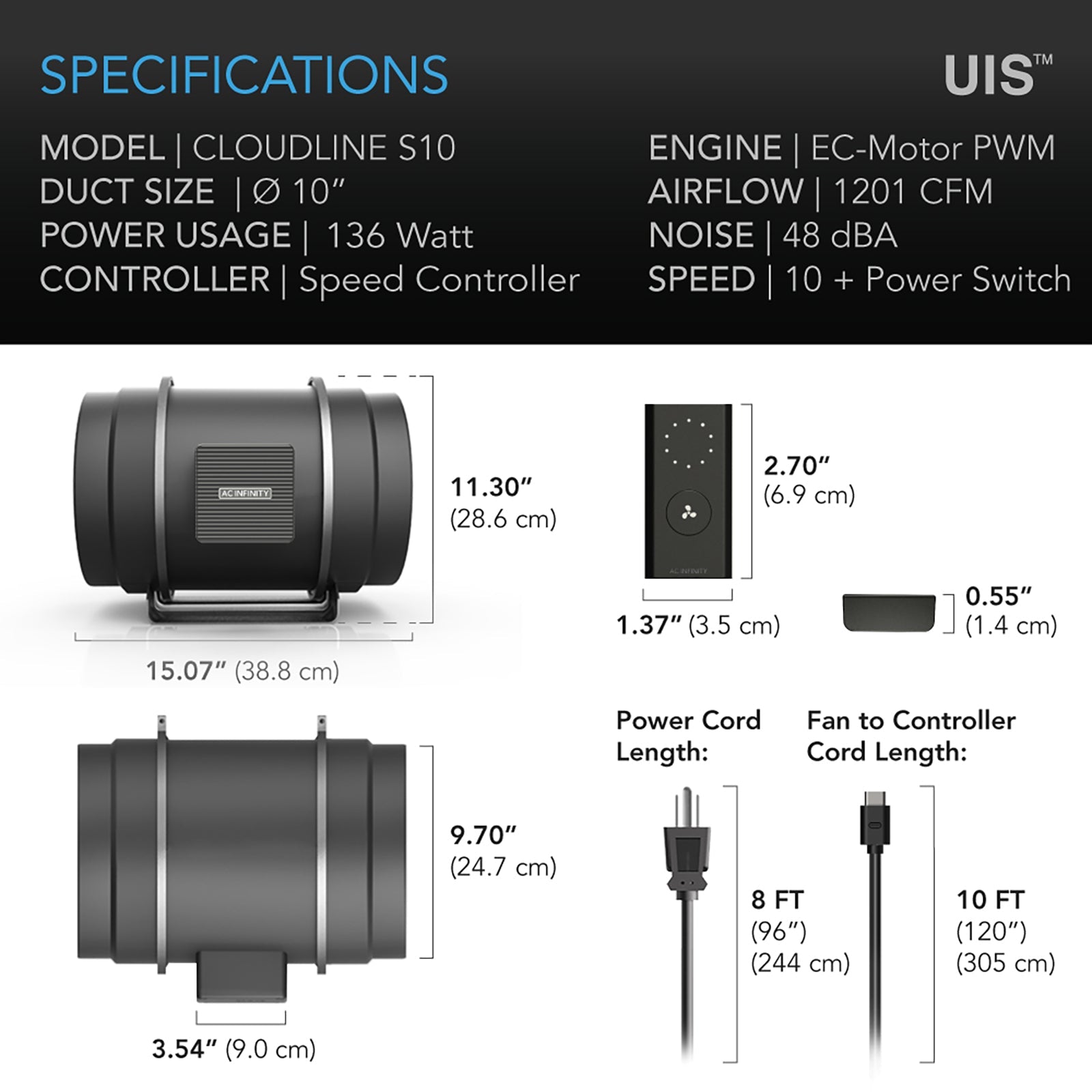 AC Infinity CLOUDLINE S10, Quiet Inline Duct Fan System with Speed Controller, 10-Inch - Midwest Grow LLC