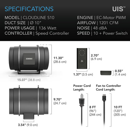 AC Infinity CLOUDLINE S10, Quiet Inline Duct Fan System with Speed Controller, 10-Inch - Midwest Grow LLC