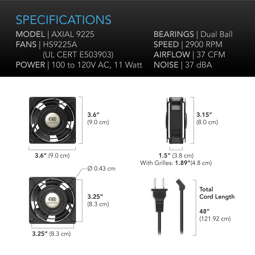 AC Infinity AXIAL 9225, Muffin 120V AC Cooling Fan, 92mm x 92mm x 25mm - Midwest Grow LLC