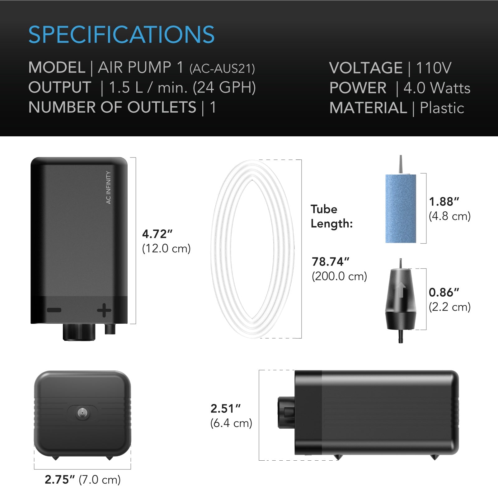 AC Infinity Hydroponics Air Pump, One-Outlet Pumping Kit, 24 GPH (1.5 L/M) - Midwest Grow LLC